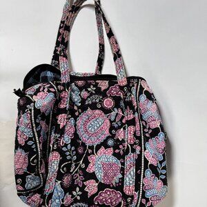 Vera Bradley Large Quilted Shoulder Bag Black Pink Blue Paisley Floral Patterned